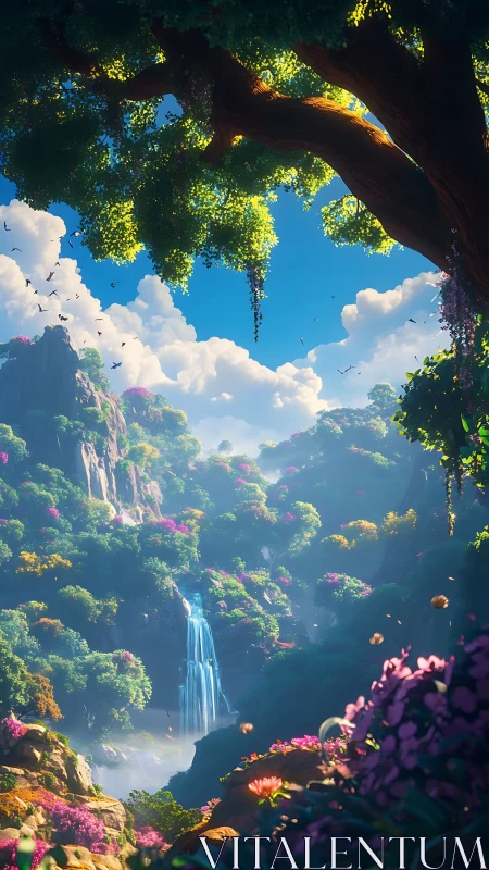 Lush fantasy valley with cascading waterfall under bright sky.