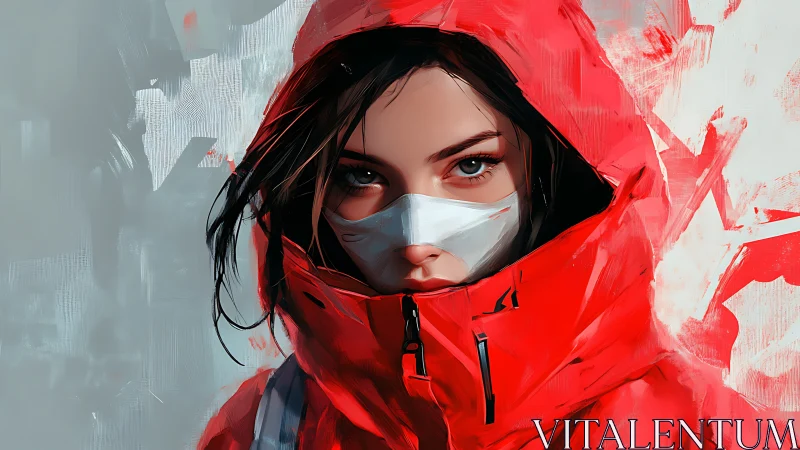 Portrait of masked woman in red hooded jacket, digital art.