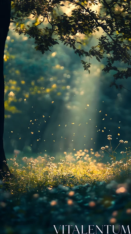 Sunlit woodland clearing captures drifting pollen in bokeh