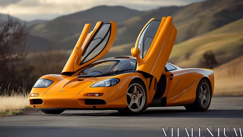 Orange mid‑engine sports car is parked with dihedral doors raised
