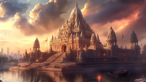 Riverside temple complex under dense clouds at sunset.