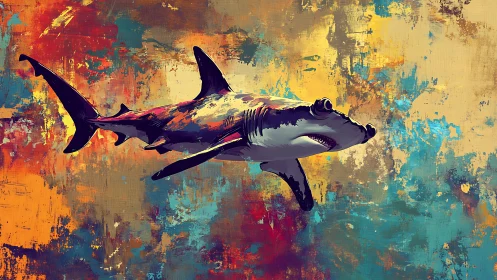 Digital painting of hammerhead shark on abstract color field.