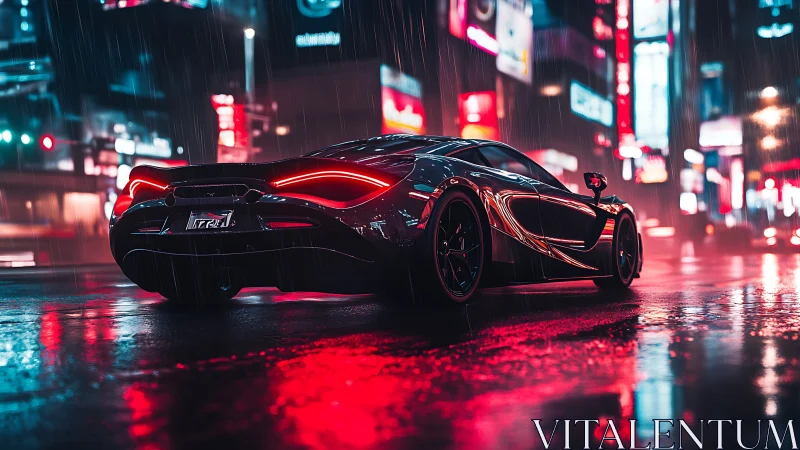 Sleek black supercar in neon city street at night rain.