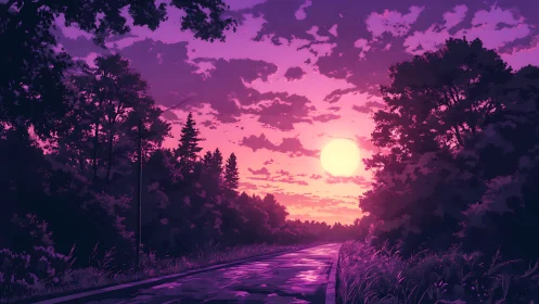 Sunset illuminates forest road under vivid purple sky