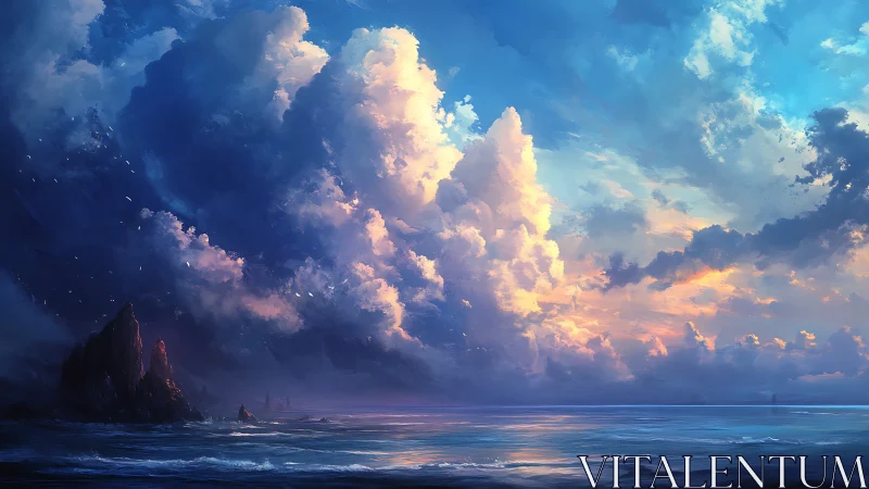 Stormlit cloud cathedrals rising above a twilight sea.