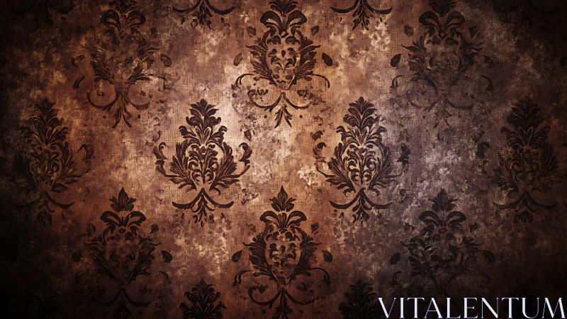 Vintage baroque damask wallpaper shows worn textured glow