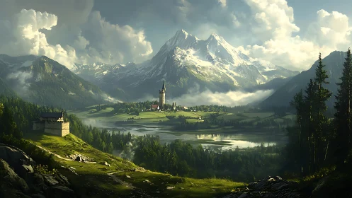 Tower village in wide alpine valley under high peaks.