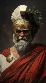 Stoic warrior elder in golden helm and crimson cloak.