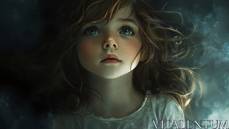 Digital portraiture rendering of luminous-eyed juvenile subject with volumetric hair dynamism and at