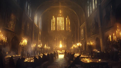 Golden-lit medieval banquet hall glows with secretive intrigue