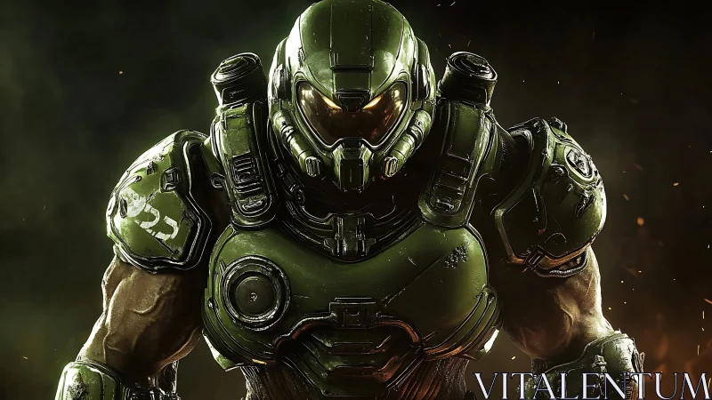 Armored space warrior marches from infernal green haze.