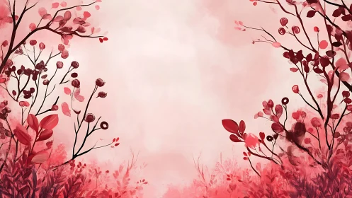 Symmetrical crimson botanicals framing soft atmospheric void.