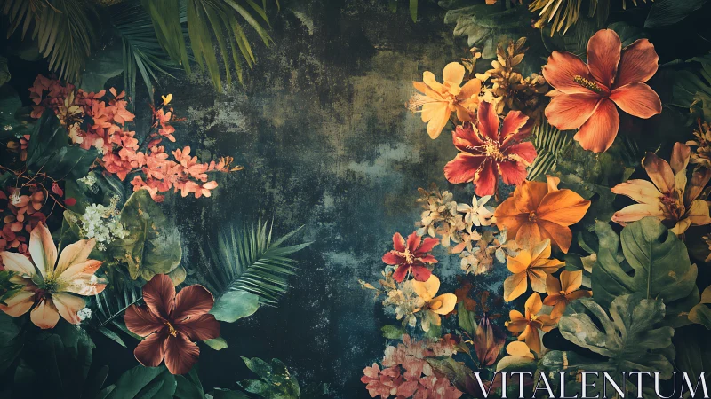 Tropical Florals on Weathered Teal Surface.
