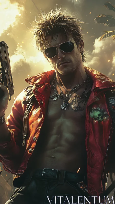 Sunlit rebel hero in red jacket and stormy skies.