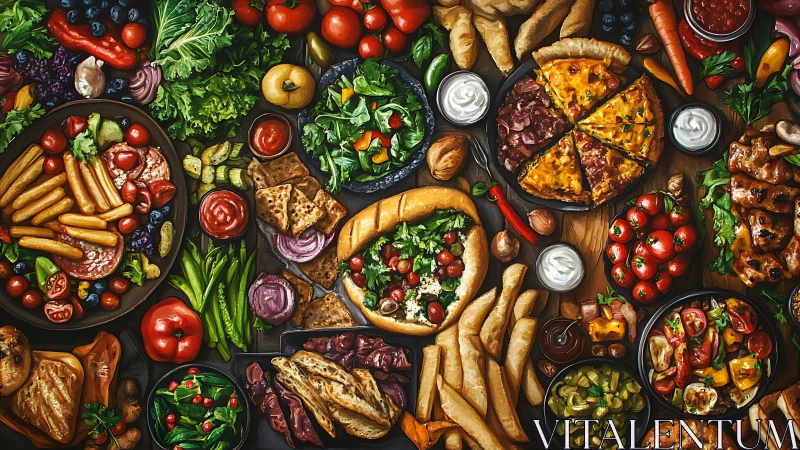 Colorful comfort food feast overflowing with fresh veggies and treats.