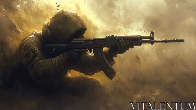 Hooded combat marksman with assault rifle in dust-filled cover