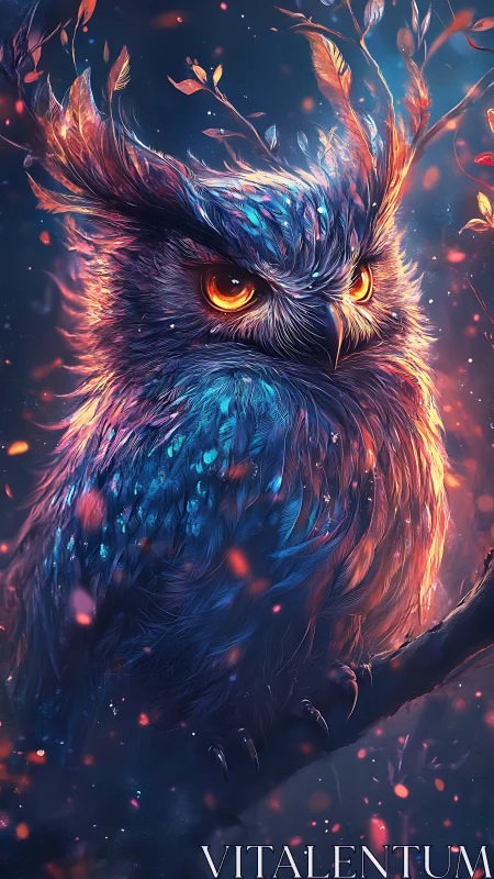 Mythic firelit owl glows in electric twilight forest