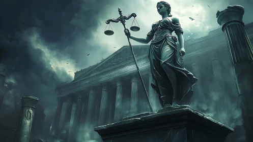 Stormlit guardian of justice above an ancient tribunal.