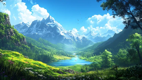 Snowcapped mountain valley overlooks luminous river plain.