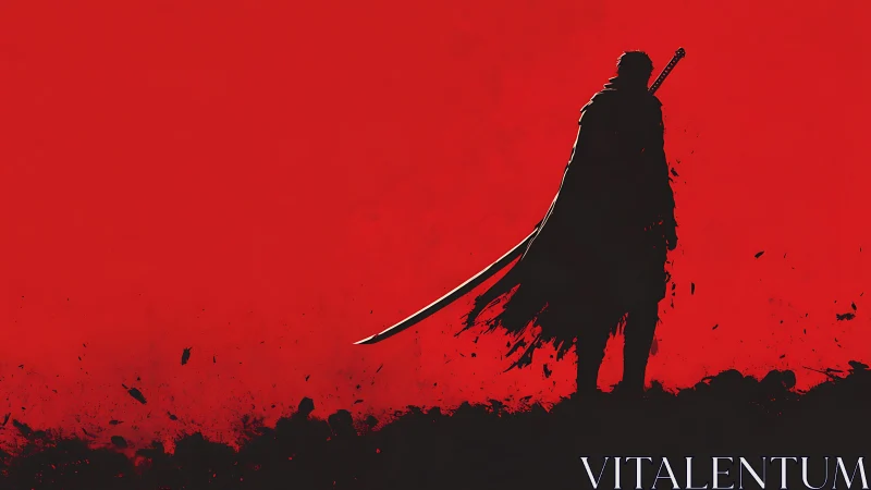 Lone shadowed swordsman on a bleeding red horizon.