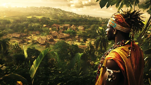 Guardian of the sunlit village in lush green hills.