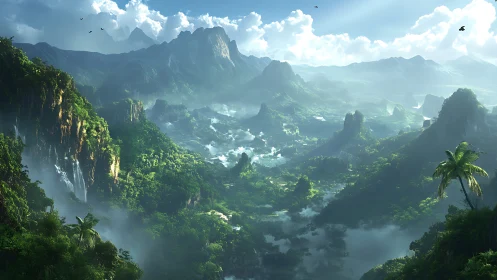 Mountainous landscape with layered valleys and karst formations