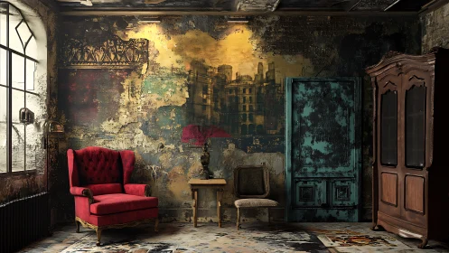Decaying loft interior contrasts red chair with teal door