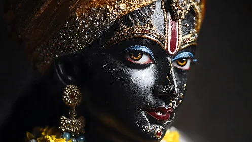 Radiant black stone deity portrait glows with gentle grace