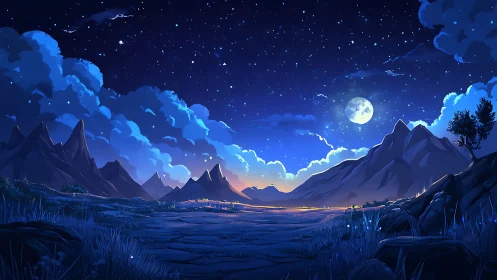 Moonlit mountain valley under deep starry indigo sky