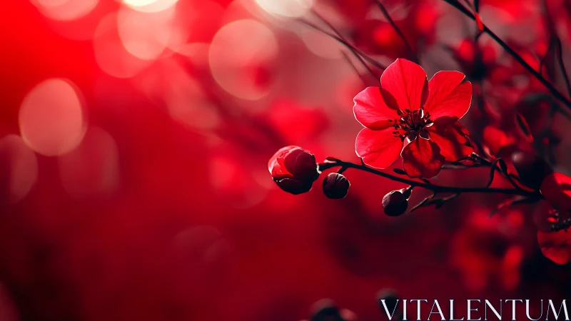 Red Flower Branch with Buds Against Blurred Red Background