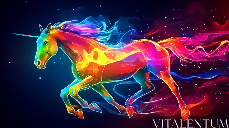 Multicolored luminous unicorn silhouette on dark gradient field.