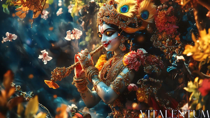 Divine blue-skinned figure plays flute amid dense floral ornaments
