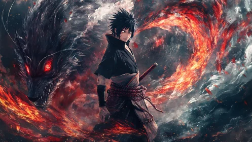 Dark swordsman with flaming spectral wolf in storm vortex.