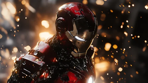 Battle-scorched red armor studies sparks in molten twilight