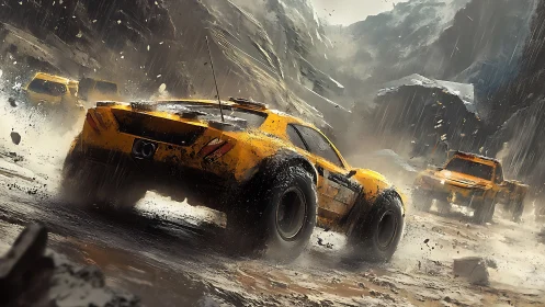 Yellow off-road vehicles traverse wet rocky canyon terrain