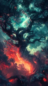 Enchanted infernal tree twists through glowing forest void