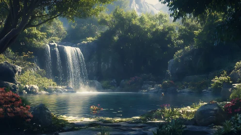 Sunlit forest waterfall pours into a tranquil hidden lagoon
