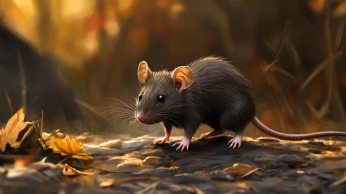 Curious forest mouse pauses on a sunlit autumn woodland floor