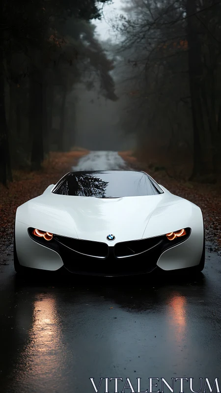 Futuristic white sports car glows on a misty forest road.