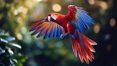 Vibrant scarlet macaw in flight with colorful feathers, nature style.