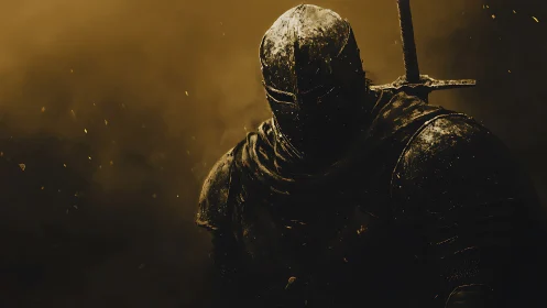 Heavily armored knight stands in low-key, backlit lighting