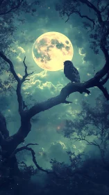 Nocturnal owl silhouette against luminous full moon sky