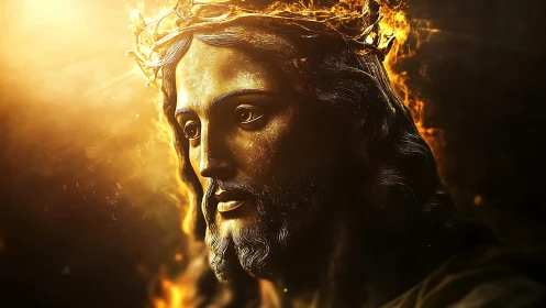 Radiant crowned savior in molten golden twilight glow.