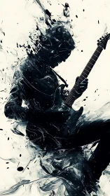 Shredding guitarist silhouette in abstract ink explosion.
