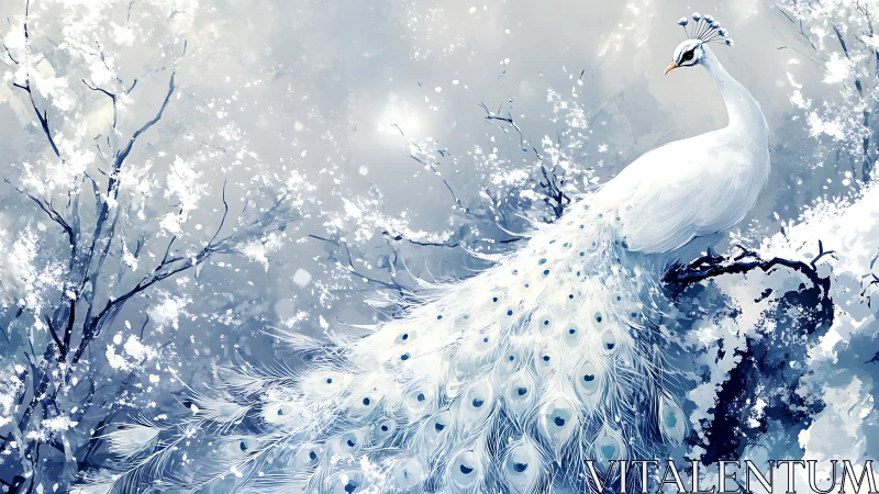 Winter peacock resting quietly among falling snowflakes.