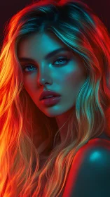 Bicolor neon portrait with volumetric rim lighting gradients.