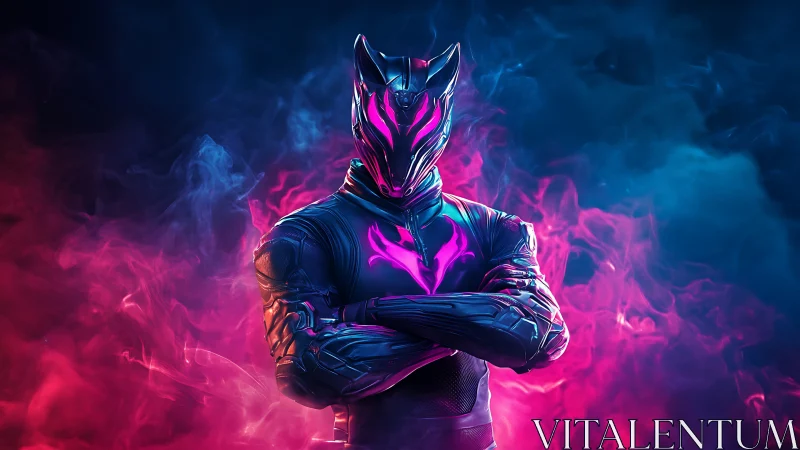 Neon fox knight folds his arms inside stormy vapor halos