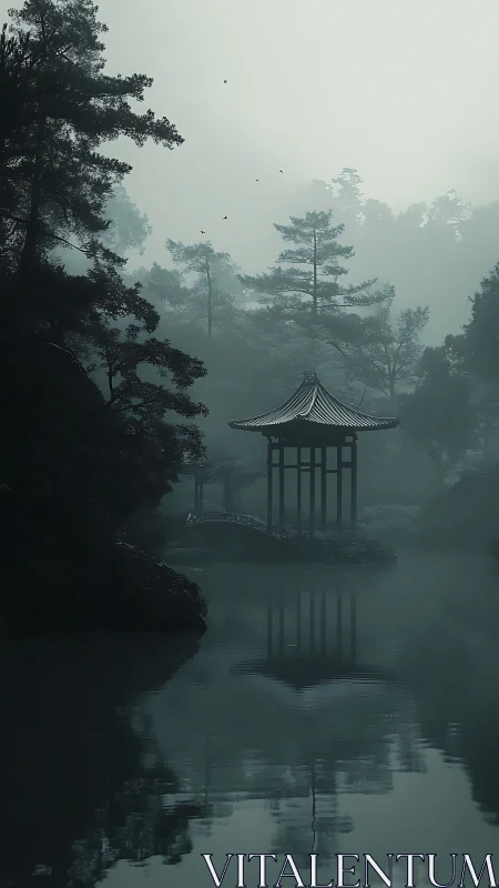 Mist-veiled lakeside pavilion dreaming in mirrored stillness.