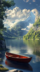 Red wooden rowboat rests on alpine lake beneath sunlit peak