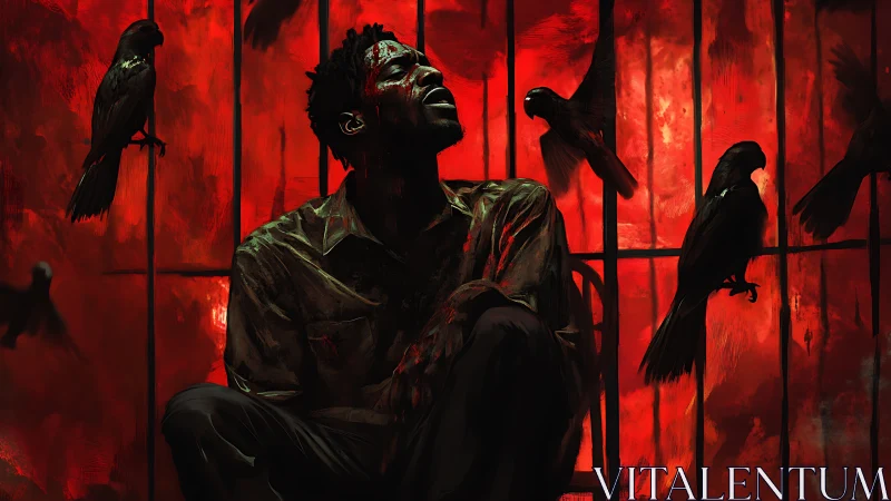 Man screams in crimson cage as circling crows close in